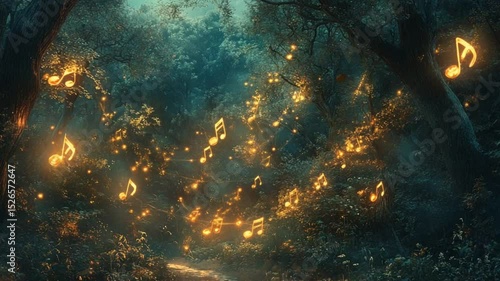 Enchanted Forest Symphony: A mystical woodland scene with floating music notes animation