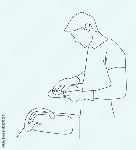 line art Man washing dishes cleaning kitchen at home. 