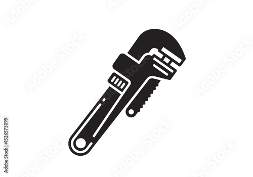 A black and white graphic illustration of a pipe wrench on a white background in a diagonal view