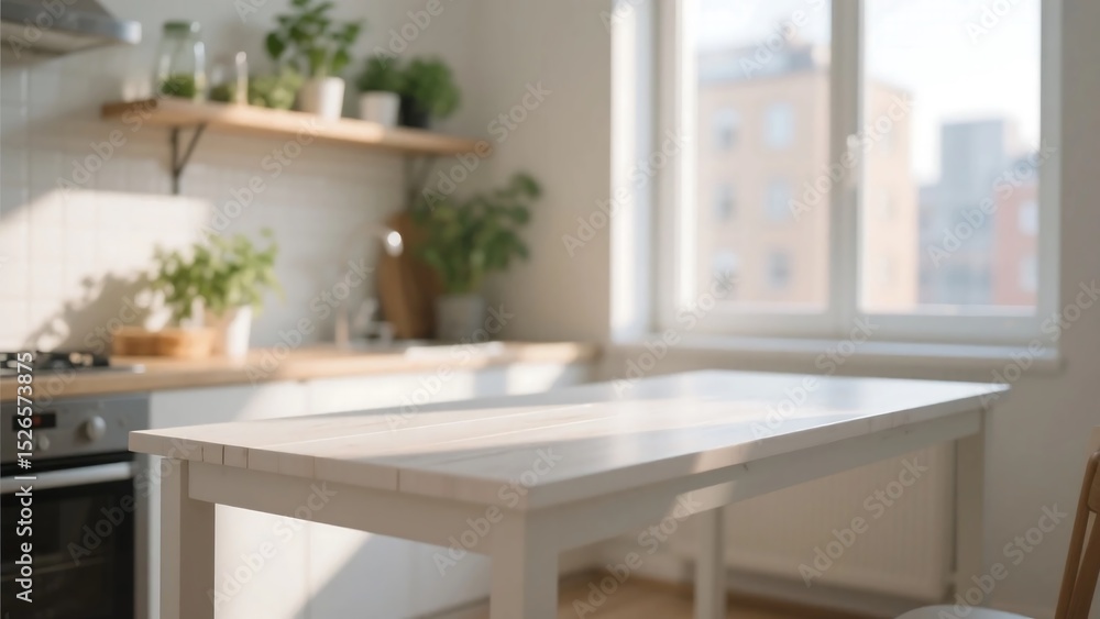 Clean white wood table with indoor herbs and soft morning light, interior blur background for product mockup scene Clean white wood table with indoor herbs and soft morning light, interior blur background for product mockup scene