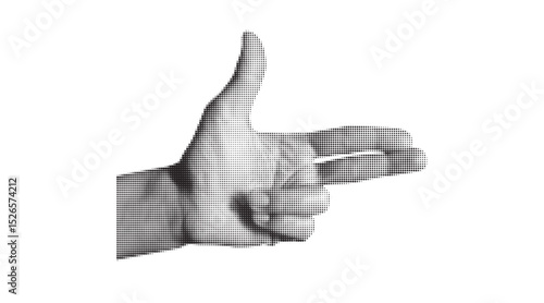 Halftone textured hand gesture making finger gun isolated on white background. Black and white dot collage element.