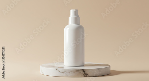 White Spray Bottle Mockup on Marble: A clean and minimalist product shot showcasing a white spray bottle on a round marble pedestal against a neutral beige background.