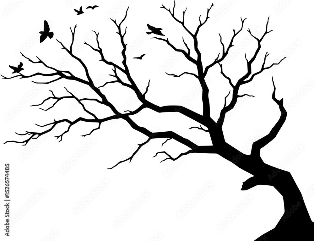 Fototapeta premium Silhouette of a Leafless Tree with Birds in Flight