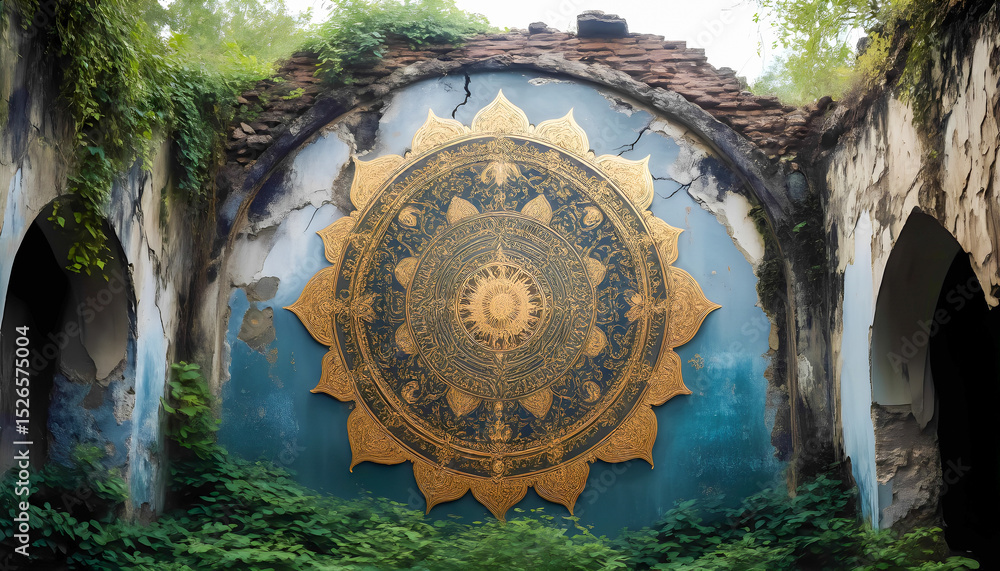 Fototapeta premium Large ornate golden mandala on aged brick wall surrounded by lush greenery