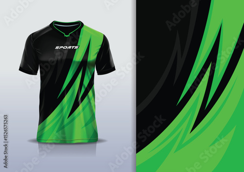 T-shirt mockup abstract curve line jersey design for football, soccer, racing, esports, running, in green black color