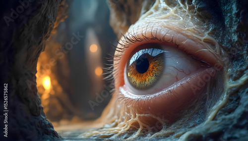 Surreal close-up of eye emerging in a mystical cave setting at night