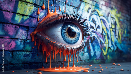 Surreal graffiti wall with eye and dripping paint street art concept