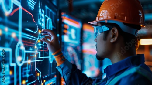 A worker interacts with a futuristic digital interface, showcasing advanced technology in a modern industrial setting.