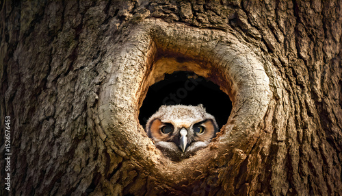 Young owl peeking out of tree nest during daytime in forest