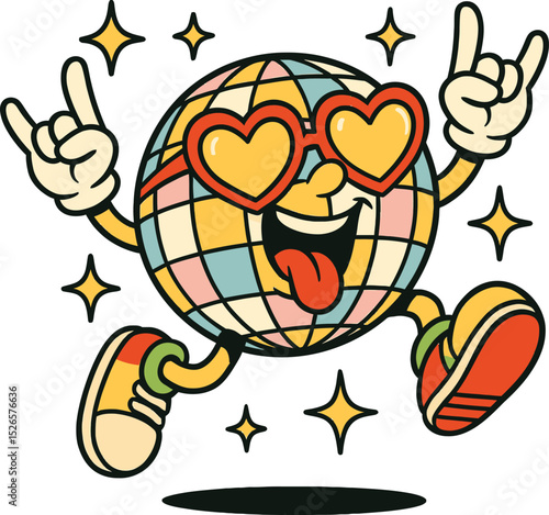Happy Disco Ball Mascot with Heart Glasses Surrounded by sparkling stars and showing playful expression. Perfect for retro party, music event, or celebration themes