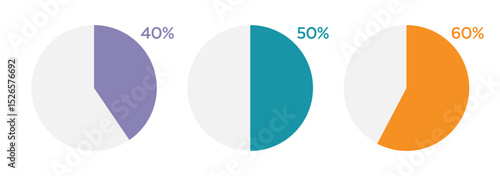 40,50,60 percent round graph. Graphic vector for statistics and finance. Round loading symbol with percent filled bar. Progress, waiting or downloading icon divided on segments.
