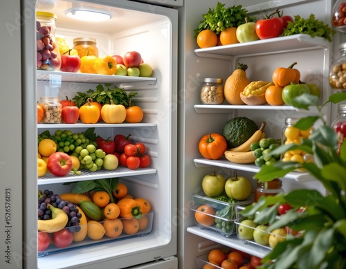 Wallpaper Mural refrigerator full of fresh fruits and vegetables on the left, perfect for healthy meals, ethereal light style under morning radiance, created with copy space on the right. Torontodigital.ca