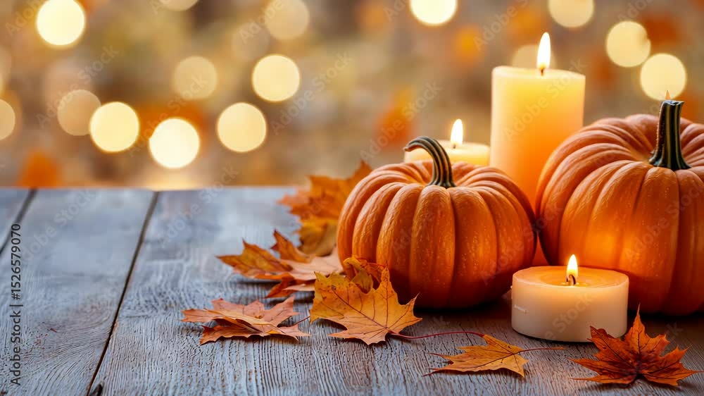 Autumn Gathering: A picturesque still life featuring pumpkins, autumn leaves, and lit candles, exuding warmth and rustic charm, capturing the essence of the fall season. Autumn Gathering: A picturesque still life featuring pumpkins, autumn leaves, and lit candles, exuding warmth and rustic charm, capturing the essence of the fall season.