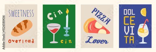 Hand drawn la dolce vita doodles. Vintage wall art with wine, lemon, pizza. Minimalist background. Set of Italian food concept vector illustration for invitations, printables, social media, poster.