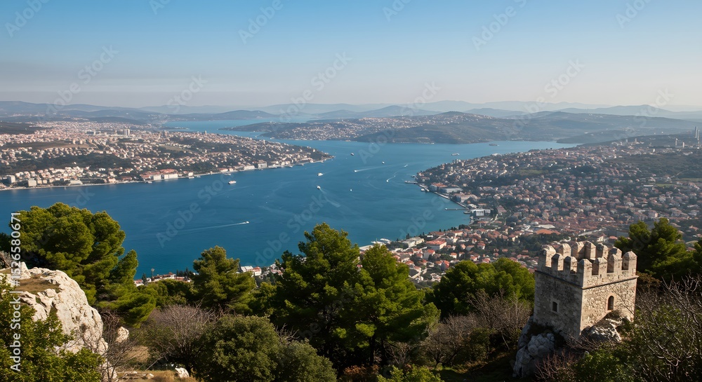Fototapeta premium Cityscape View of Bosphorus Strait From Hill with Tower