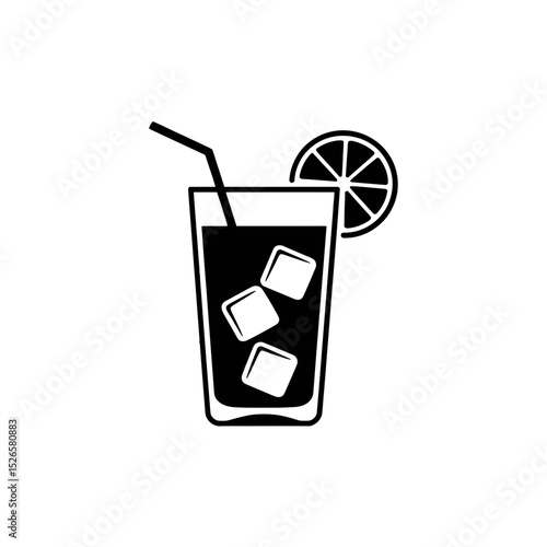 A black graphic depicts a glass with ice cubes, a straw, and a lemon slice on the rim