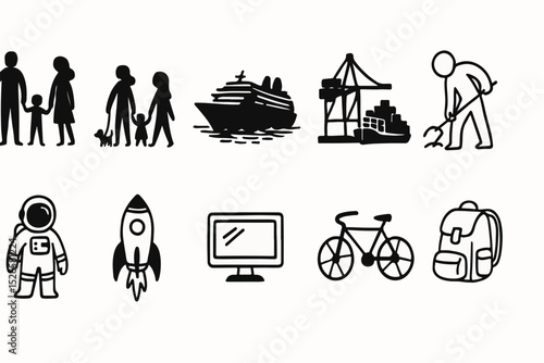 Vector icons set of family and people symbols including father, mother, child, home, love, and business concepts