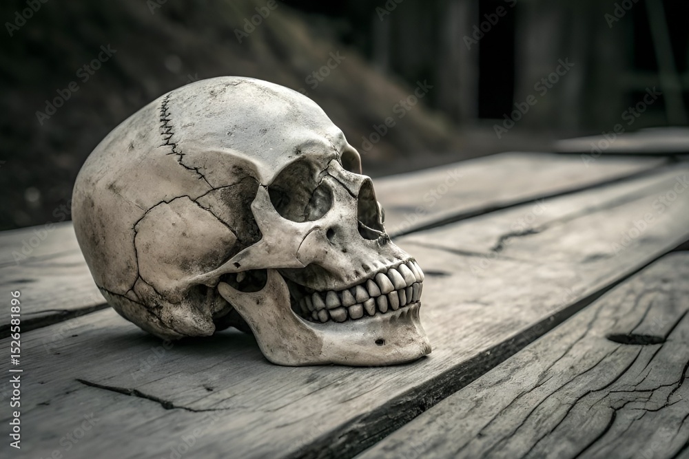 Photorealistic Human Skull on Wooden Surface with Dark Textured Background Photorealistic Human Skull on Wooden Surface with Dark Textured Background