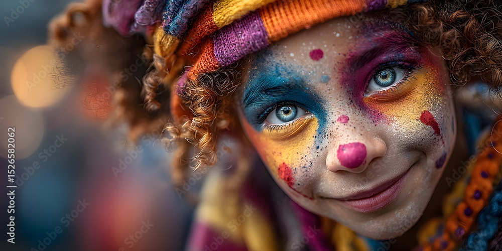 Joyful young girl with curly hair and a radiant smile is in a vibrant close-up. Her face has colorful clown paint and she wears a festive headdress. Joyful young girl with curly hair and a radiant smile is in a vibrant close-up. Her face has colorful clown paint and she wears a festive headdress.