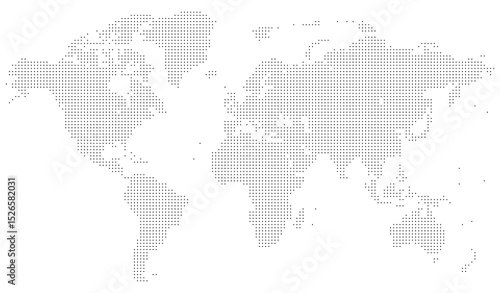Digital squire dotted world map with pixel style representation. Countries and continents appear as connected squire shape dots in this smartly designed squire shape dotted world map.