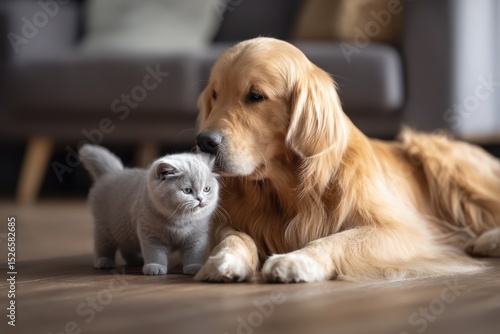 Wallpaper Mural Cute golden retriever puppy and gray kitten snuggling on cozy sofa, showcasing inter-pet friendship and warmth in home setting. Torontodigital.ca