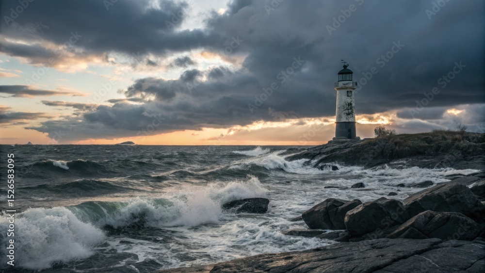 Fototapeta premium Lighthouse by ocean rocks at sunset with cloudy sky
