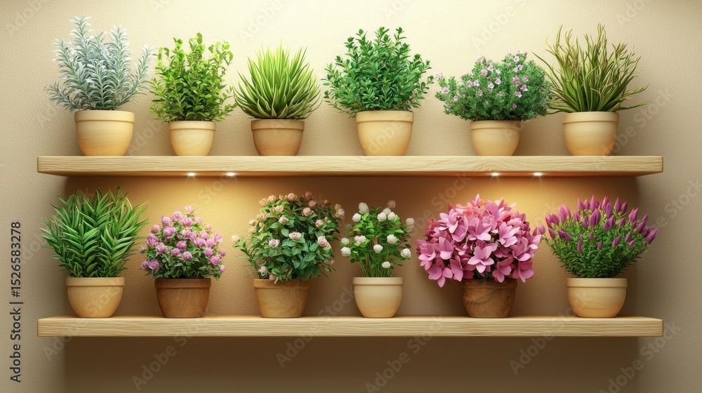 Fototapeta premium Decorative indoor plants on wooden shelves