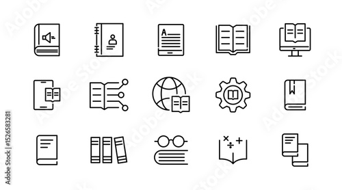 Book and reading linear icon set. knowledge, library, dictionary, ebook, school, paper, success, achievement, thinking, light bulb, genius idea outline vector icon set. UI thin line icon pack.