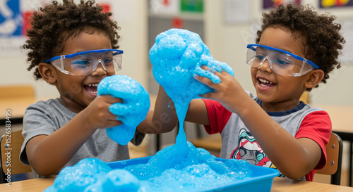 Happy kids explore science fun with amazing blue slime playful learning moments