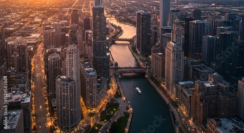 Cityscape View of River Winding Through Buildings at Sunset
