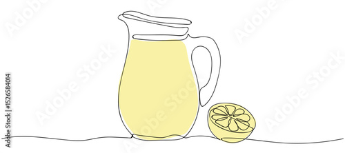 Refreshing lemon drink served in a pitcher alongside a fresh lemon slice on a minimalist background