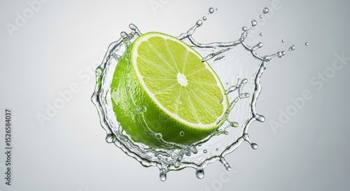 Vibrant Green Lime Half Splashing in Clear Water for a Refreshing Citrus Drink Concept