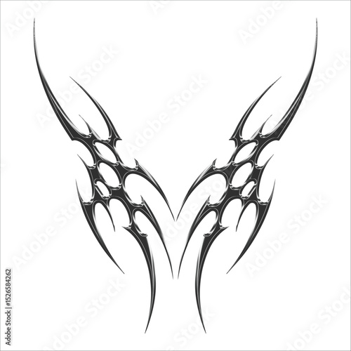3d chrome of metal y2k icon. Symmetrical tribal cyber sigilism brutalism element for streetwear clothing design tattoo sticker	