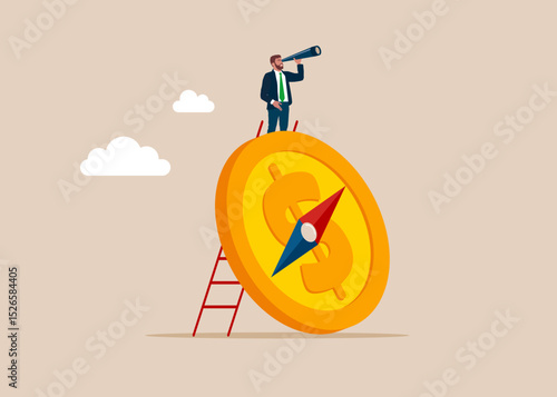 Businessman with binocular and compass with dollar coin. Finding investment opportunity. Flat vector illustration