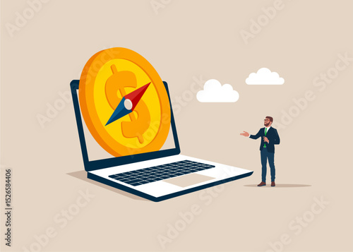 Compass with dollar coin on screen laptop. Investment trend, financial indicator, inflation or interest rate direction. Flat vector illustration
