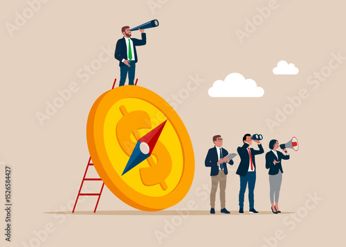 Team standing with direction compass with dollar coin. Financial strategy or business and stock market outlook. Flat vector illustration