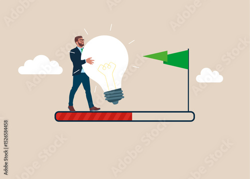 Businessman with light bulb to from the start to success. Career path. Challenge your progress and win the race. Business vision. Creativity to help see business opportunity. Flat vector illustration.