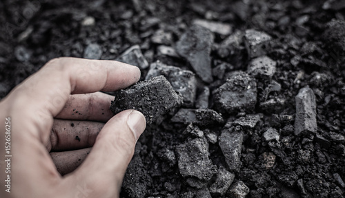 coal in the hand. Coal in the Hand of Miners. Mining Industry Concept. Heavy Industry. Heating. Mineral Raw Materials. Natural Resources