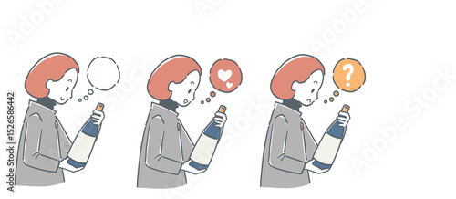 お酒の瓶を見ている女性のイラスト　セット