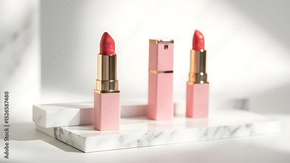 Elegant lipstick set displayed on marble podium with soft shadows and minimalist aesthetic Elegant lipstick set displayed on marble podium with soft shadows and minimalist aesthetic