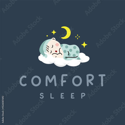 Illustration of baby sleeping well and comfy like cottony cloud. Full of stars and crescent moon at night. Logo design