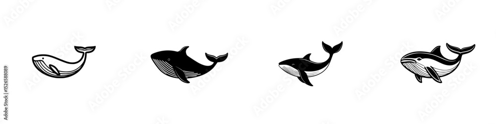 Unique icon set featuring various stylized whale designs for creative projects and illustrations Unique icon set featuring various stylized whale designs for creative projects and illustrations