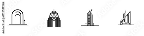 Icon set featuring architectural designs in minimalist style with varying structures and forms suitable for modern applications