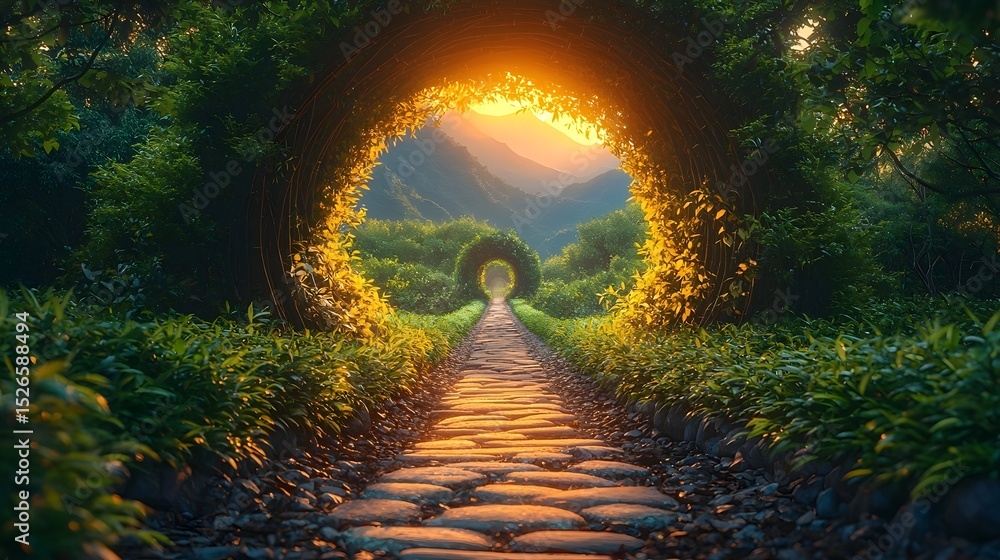 Fototapeta premium A mystical pathway through a hidden bamboo forest leads to a sacred mountain shrine