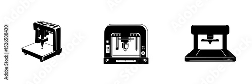 Collection of icon set featuring three distinct types of 3D printers showcasing different designs and functionalities