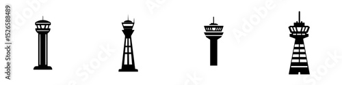 Icon set of various airport control towers designed in a minimalist style for aviation-related projects