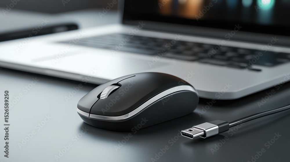 Sleek USB Mouse Resting Beside a Silver Laptop on a Desk: A Focused Snapshot of Modern Digital Mobility Sleek USB Mouse Resting Beside a Silver Laptop on a Desk: A Focused Snapshot of Modern Digital Mobility
