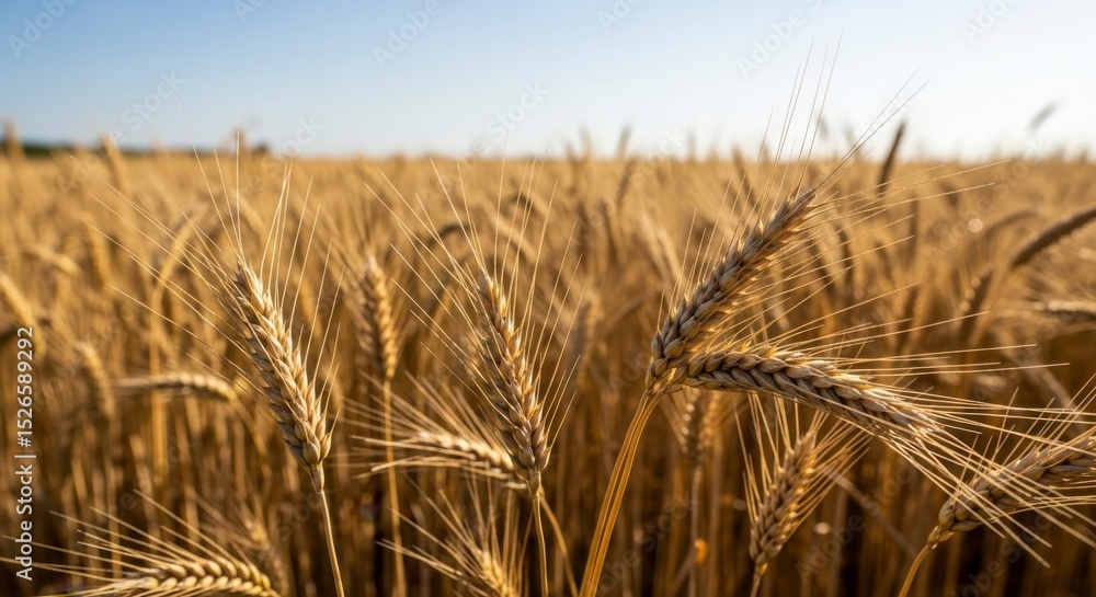 Fototapeta premium Golden Ripe Wheat Field Under Clear Sky Ready for Harvest, Symbolizing Abundance