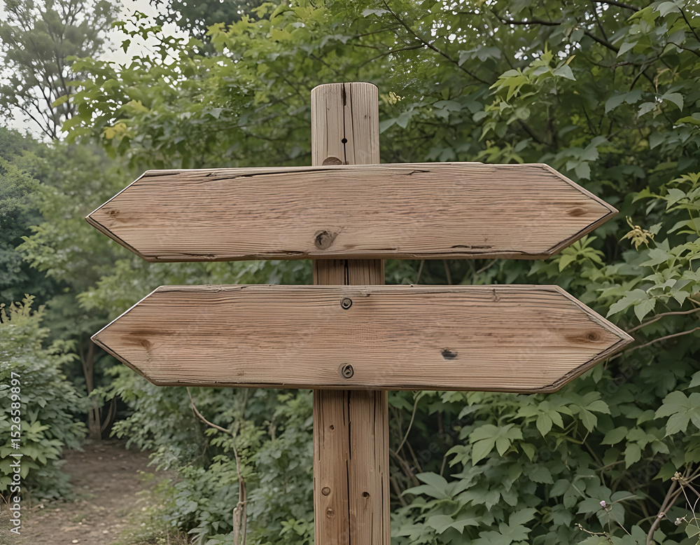 Naklejka premium Old wooden bird house in the forest with a blank directional signpost on a wooden plank