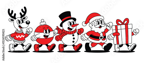 Retro Christmas Characters Walking Together